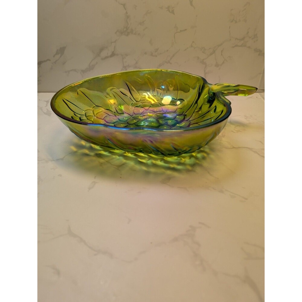 Indiana Glass Harvest Grape Olive Green Carnival Glass Leaf Candy Dish Bowl